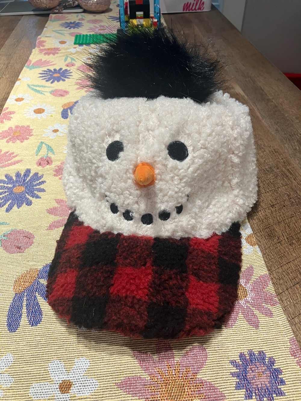Cozy Snowman Pom Pom Hat - Red & Black Buffalo Plaid